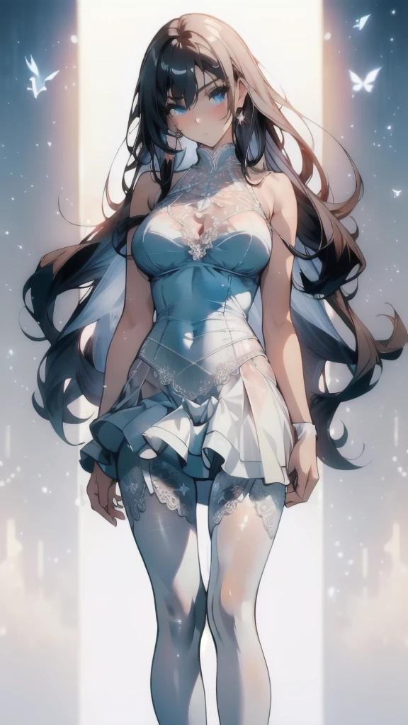 ((masterpiece, best quality)), Delicate face,fighter,White,whole body,Long legs,Large Breasts,Gradient long wavy hair,Perfect body proportions,beautiful eyes,Extremely beautiful,transparent, Pure white background,Erotic_lingerie,Lace,Garter stockings