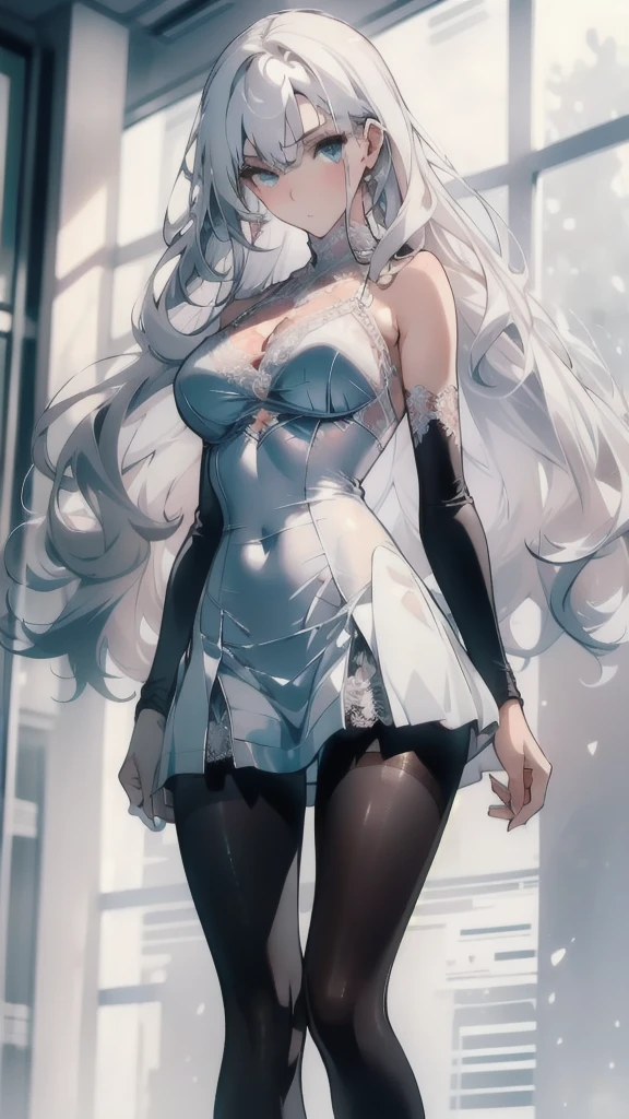 ((masterpiece, best quality)), Delicate face,fighter,White,whole body,Long legs,Large Breasts,Gradient long wavy hair,Perfect body proportions,beautiful eyes,Extremely beautiful,transparent, Pure white background,Erotic_lingerie,Lace,Pantyhose