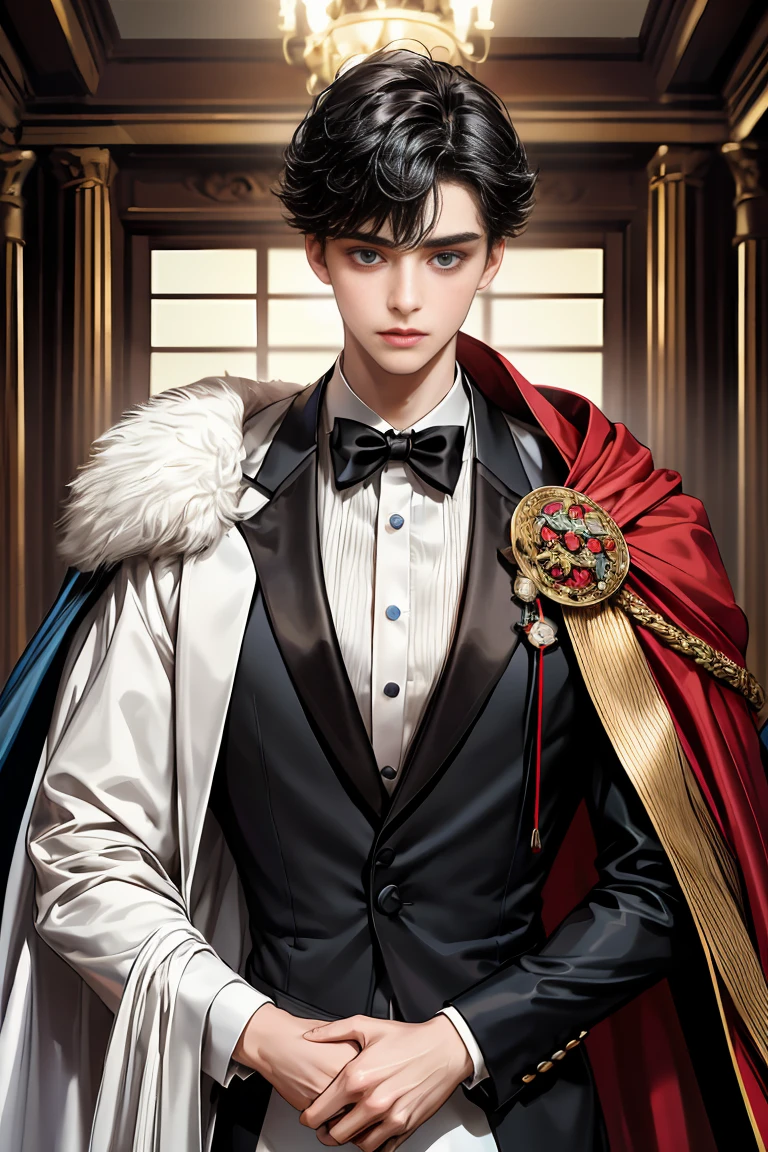 
masterpiece, 最high quality, high quality, 1 boy, alone, Male focus, Watching the audience,  Messy black hair, Adorable big blue eyes, White people, Noble, Noble,Sexy voluminous black and red cape、Tuxedo、A very voluminous, large, very large, very large, long, long red and black cape with a high stand-up collar, reaching down to the floor, made of a lot of fabric., ,Cute beautiful boys,Cute, cute, kind, handsome guy