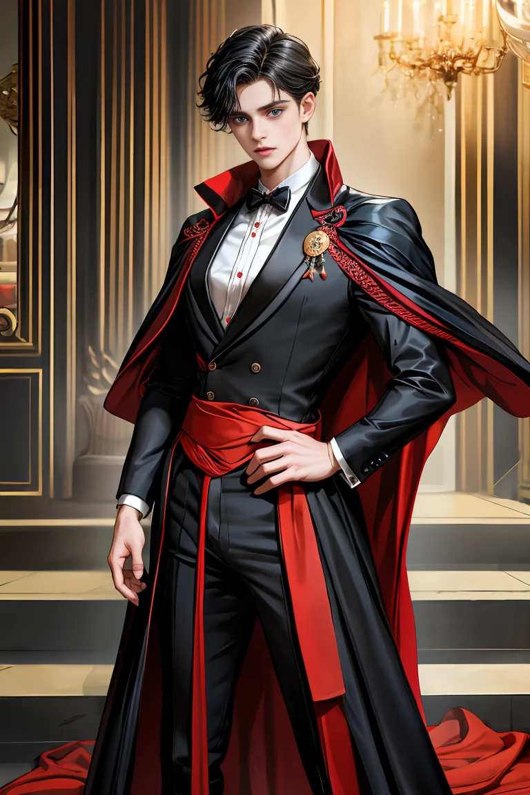 
masterpiece, 最high quality, high quality, 1 boy, alone, Male focus, Watching the audience,  Messy black hair, Adorable big blue eyes, White people, Noble, Noble,Sexy voluminous black and red cape、Tuxedo、A very voluminous, large, very large, very large, long, long red and black cape with a high stand-up collar, reaching down to the floor, made of a lot of fabric., ,Cute beautiful boys,Cute, cute, kind, handsome guy