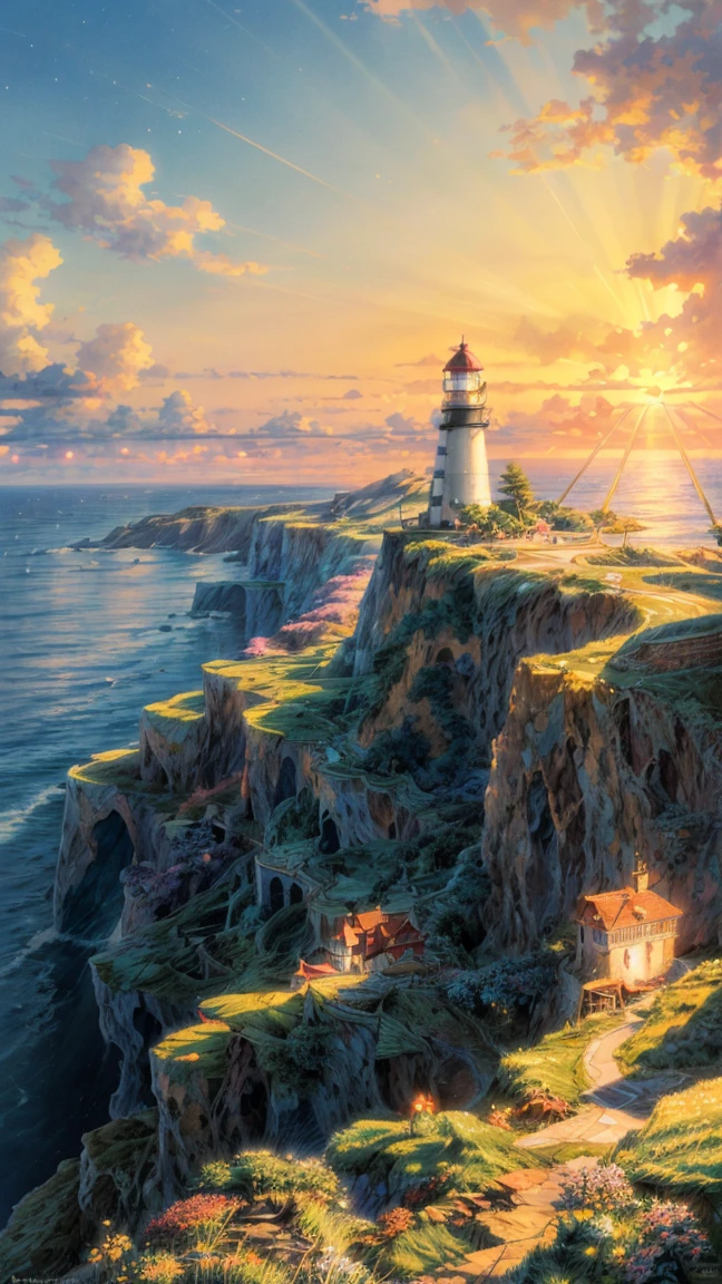 Long view, Wide view, a painting of a lighthouse on a cliff overlooking the ocean, studio ghibli sunlight, beautiful anime scenery, anime beautiful peace scene, light house, beautiful anime scene, studio ghibli landscape, lighthouse, detailed scenery, cliffside town, incredible miyazaki, 4k matte thomas kinkade, anime landscape wallpaper, anime nature wallpapaper, amazing wallpaper, brilliant sunset, extremely majestic scenery, 8k
