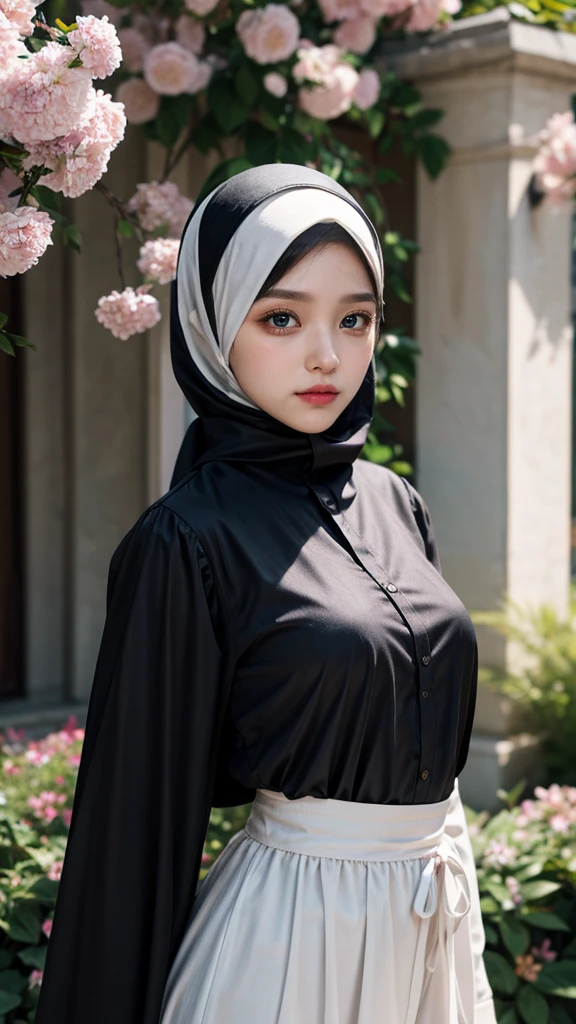(Masterpiece, top quality, best quality, official art, beautiful and aesthetic: 1.2)
(1girl)
(Hyuga Hinata from Naruto anime, long black hair, radiant white eyes, captivating with Byakugan eyes)
(Beautiful, ethnic allure in Black clothes)
(Majestically posing against a mosque background, wearing a hijab that covers her head and neck)
(Ultra detail, realistic representation of fabric texture, wrinkles, and intricate hijab design)
(Her mesmerizing eyes reflecting tranquility and strength, gaze fixed on the viewer)
Proportional body, perfect body figure, alluring, glamorous, sexy, portrait, big breasts, shapely, curvy
