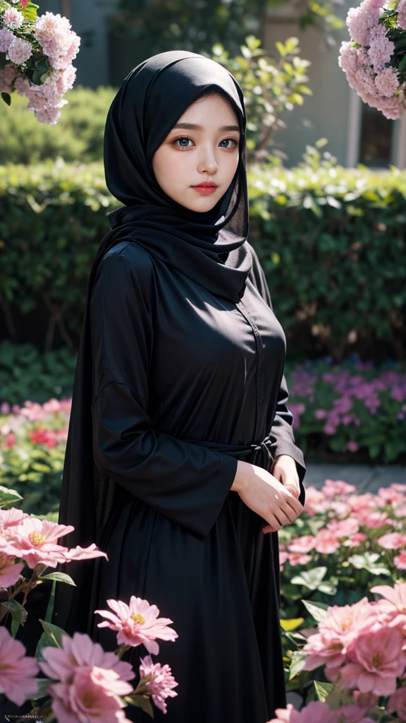 Closse-up, detailed eyes, detailed face texture, realistic photos of Hijab Korean female, slightly smile,expressive eyes,eye makeup,flower garden background,standing posture,confident attitude,Eye-Level Shot, slightly blurry background,UHD,masterpiece:1.2,highres,16k), abaya