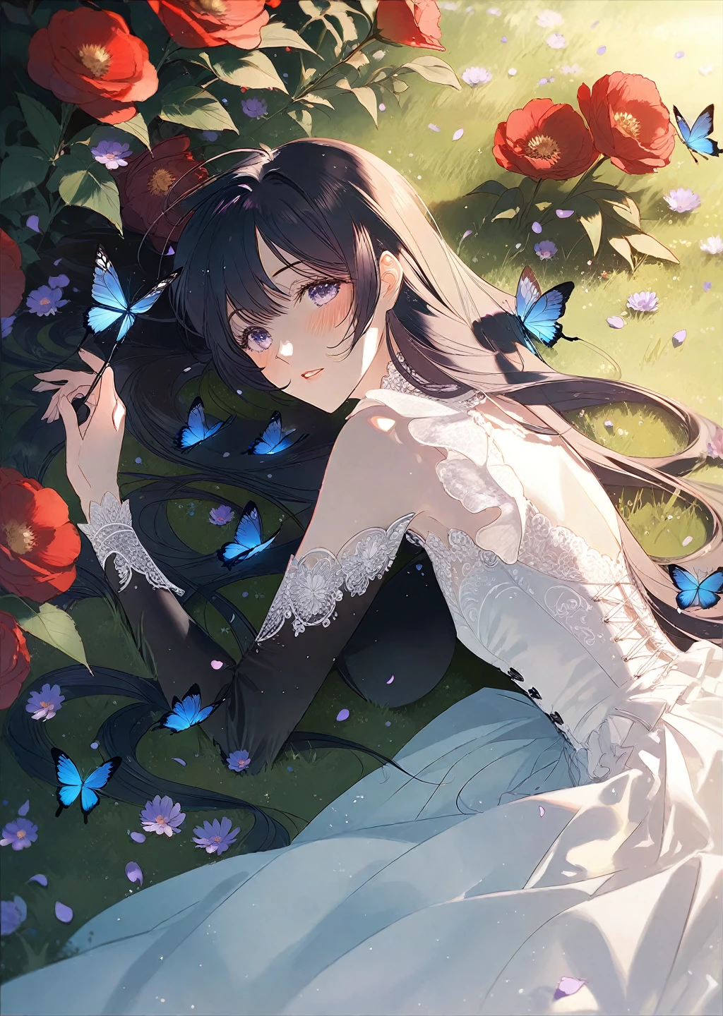 by rella, by yoneyama mai, (1girl,20 years old),black hair,long hair,black elegant outfit,blush,blush,separated lips,lying,grassland, natural soft lighting, butterfly, bug, blue butterfly, blue flowers, red flowers, purple flowers, petals, 
beautiful, aesthetic, elegance, ethereal beauty, detailed, intricate details, absurdres, beautiful color, masterpiece, amazing quality, best quality, high quality, 4K, 8K, K, UHD,  