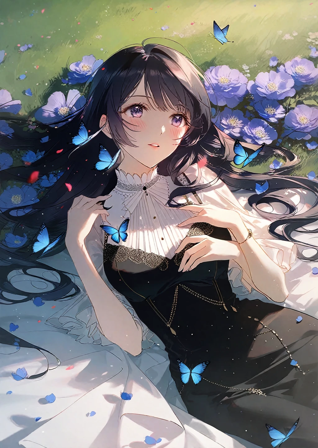 by rella, by yoneyama mai, (1girl,20 years old),black hair,long hair,black elegant outfit,blush,blush,separated lips,lying,grassland, natural soft lighting, butterfly, bug, blue butterfly, blue flowers, red flowers, purple flowers, petals, 
beautiful, aesthetic, elegance, ethereal beauty, detailed, intricate details, absurdres, beautiful color, masterpiece, amazing quality, best quality, high quality, 4K, 8K, K, UHD,  