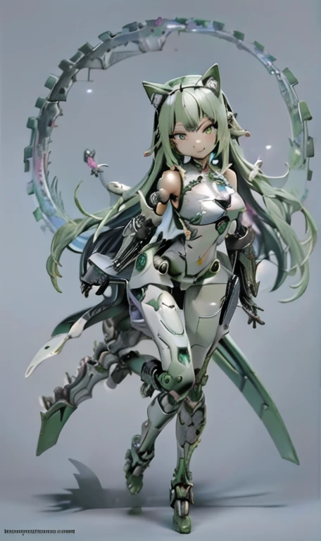 anime figure, figma,(detailed eyes))
1girl,((cat ears)),cat tail, ((long straight green hair:1.3)),big expressive neon green eyes,,expressive eyes,(((smile,blush wink))),(((full body:1.4))), ((mechanical full body suite, mecha)), feather robot wings,black kitten, cute, dynamic flirty pose, missiles on arms and shoulders, partial metal mask,standing on one leg looking at viewer ,shoulder trun to the viewer,black kitten sitting next to her, cute,flirty pose,AD ,decales,web AD
solo:1.5