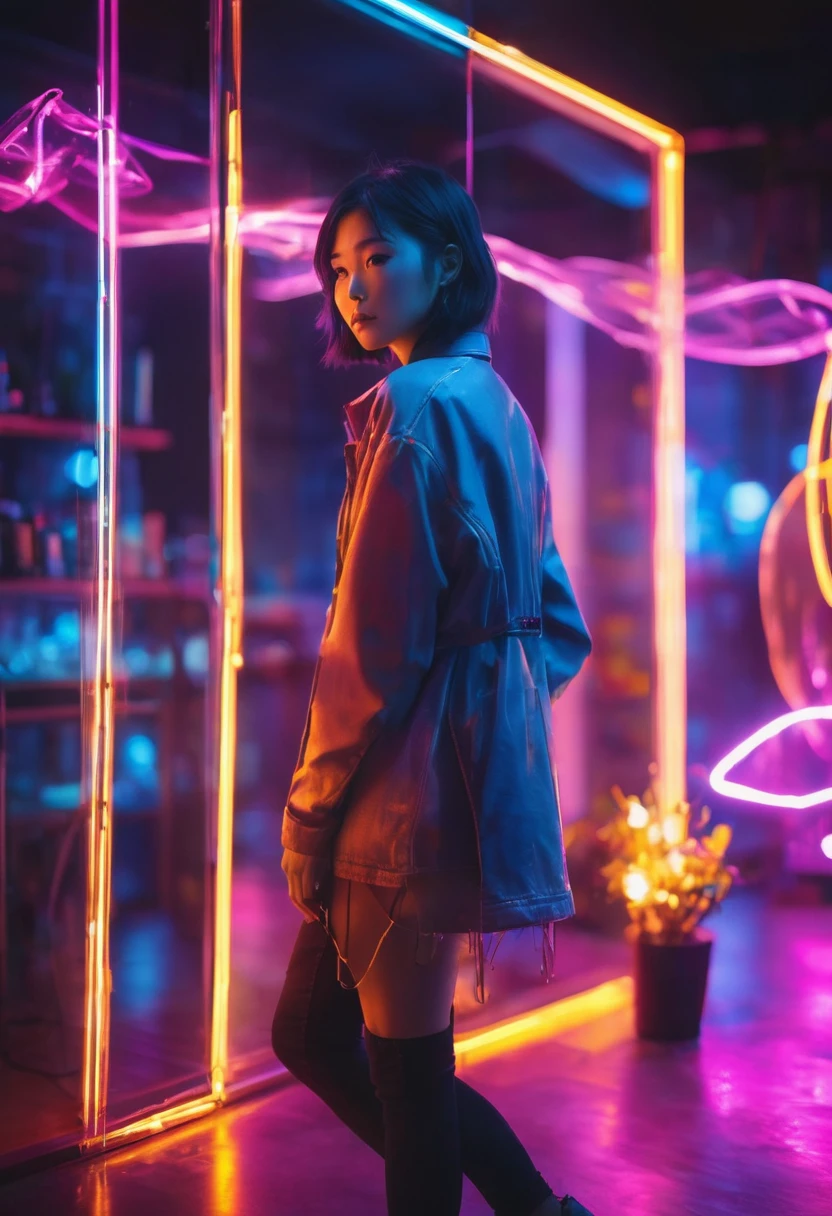 full-length shot a unique photography with light and glass from a pretty japanese women with dynamic pose and floating hair in glass studio with colorful neon lighting, A Glass covering her, Bulb light technic background, Ultra highly detailed, realistic skin, shot by sony a9 with 35m lens f1.2, Realistic Portrait by Arnau Mas