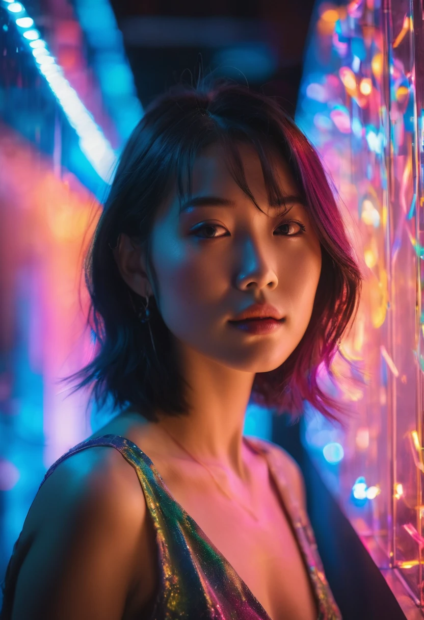 full-length shot a unique photography with light and glass from a pretty japanese women with dynamic pose and floating hair in glass studio with colorful neon lighting, A Glass covering her, Bulb light technic background, Ultra highly detailed, realistic skin, shot by sony a9 with 35m lens f1.2, Realistic Portrait by Arnau Mas