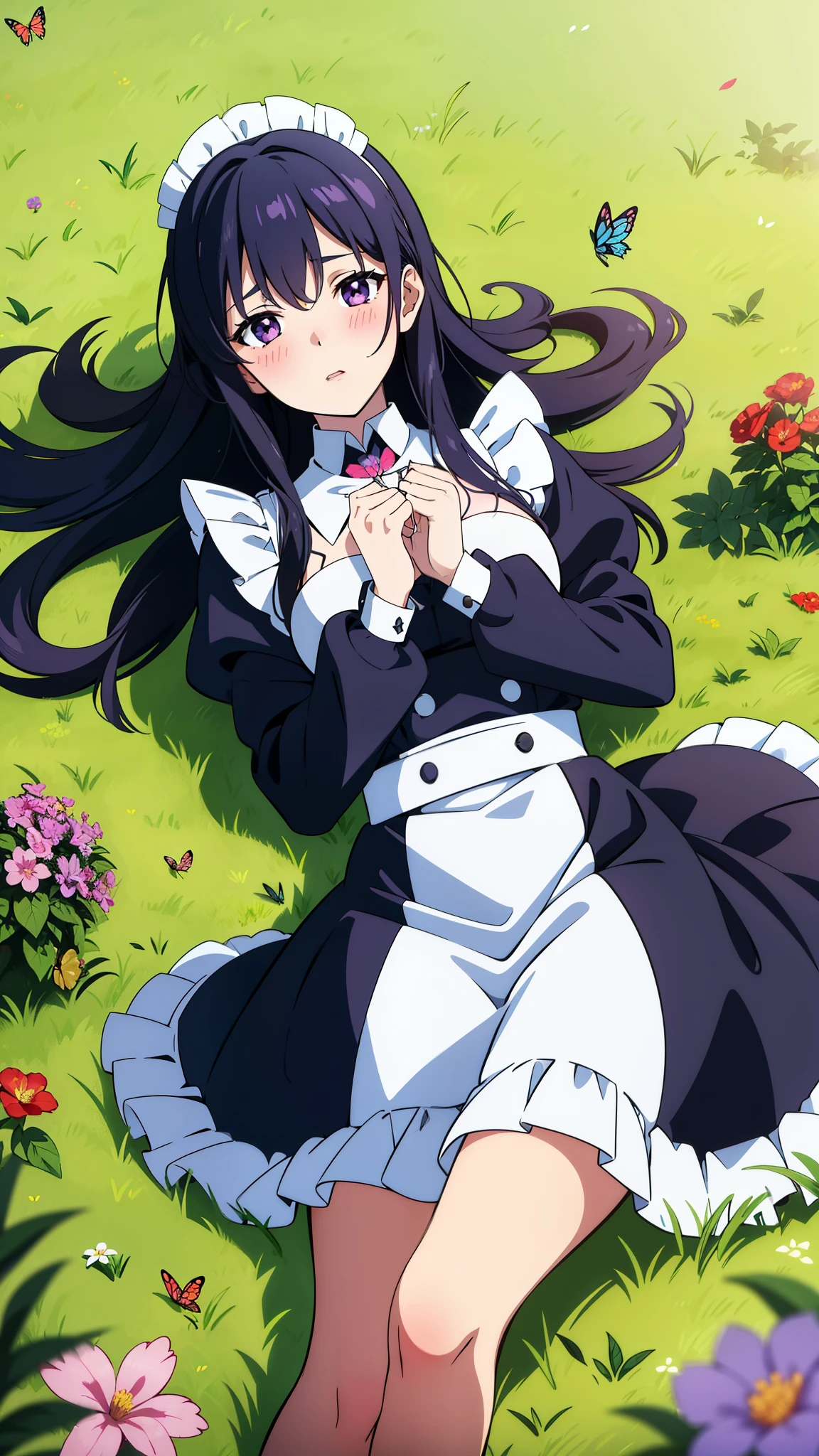 (1girl,20 years old),black hair,long hair,maid outfit,blush,blush,separated lips,lying,grassland, natural soft lighting, butterfly, bug, blue butterfly, blue flowers, red flowers, purple flowers, petals, 