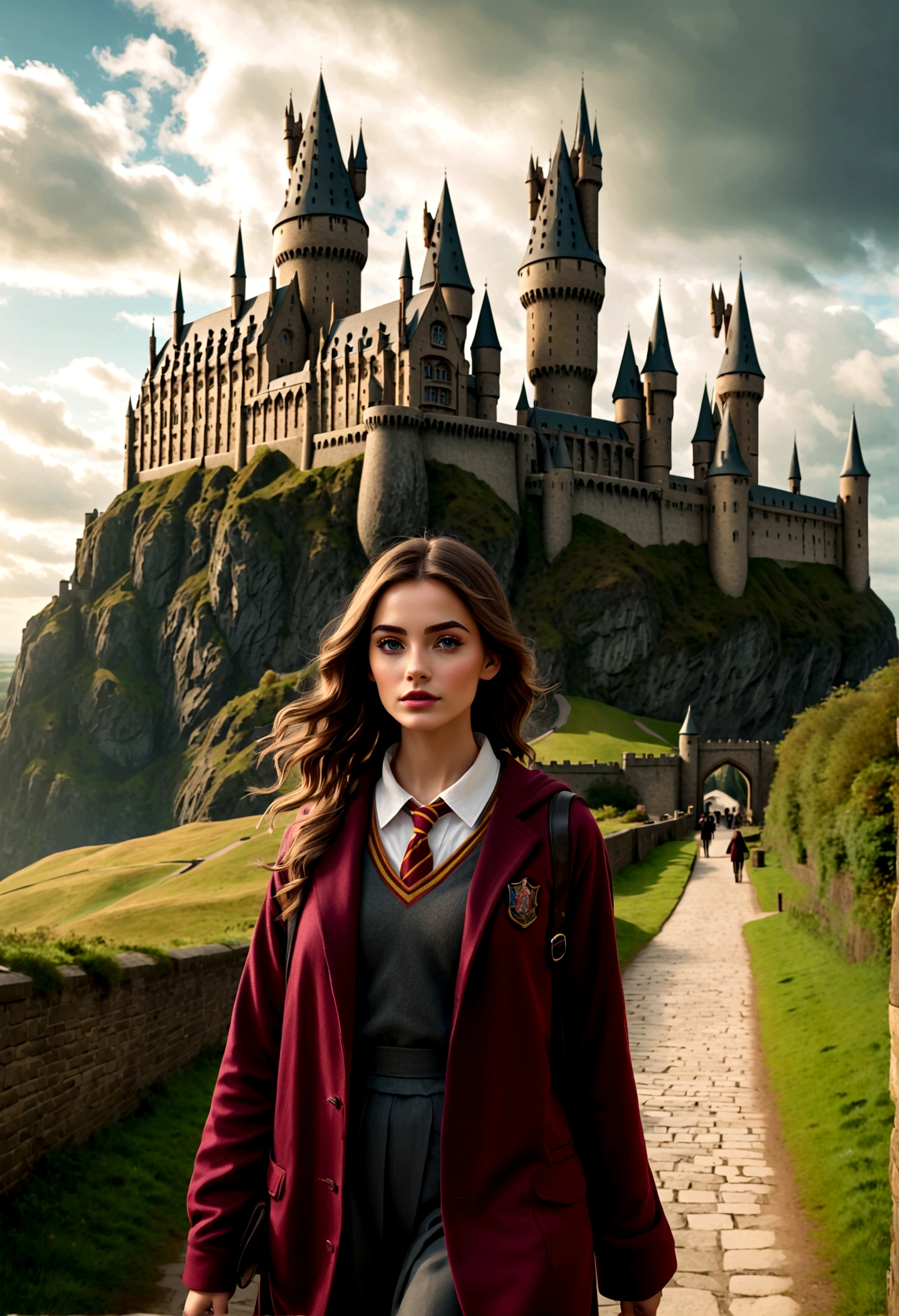 1 girl walking towards Hogwarts School of Witchcraft and Wizardry, beautiful detailed eyes, beautiful detailed lips, extremely detailed face, long eyelashes, , wand in hand, casting spells, fantasy landscape, cloudy sky, Hogwarts castle in the distance, (best quality,4k,8k,highres,masterpiece:1.2),ultra-detailed,(realistic,photorealistic,photo-realistic:1.37),fantasy art,cinematic lighting,vibrant colors