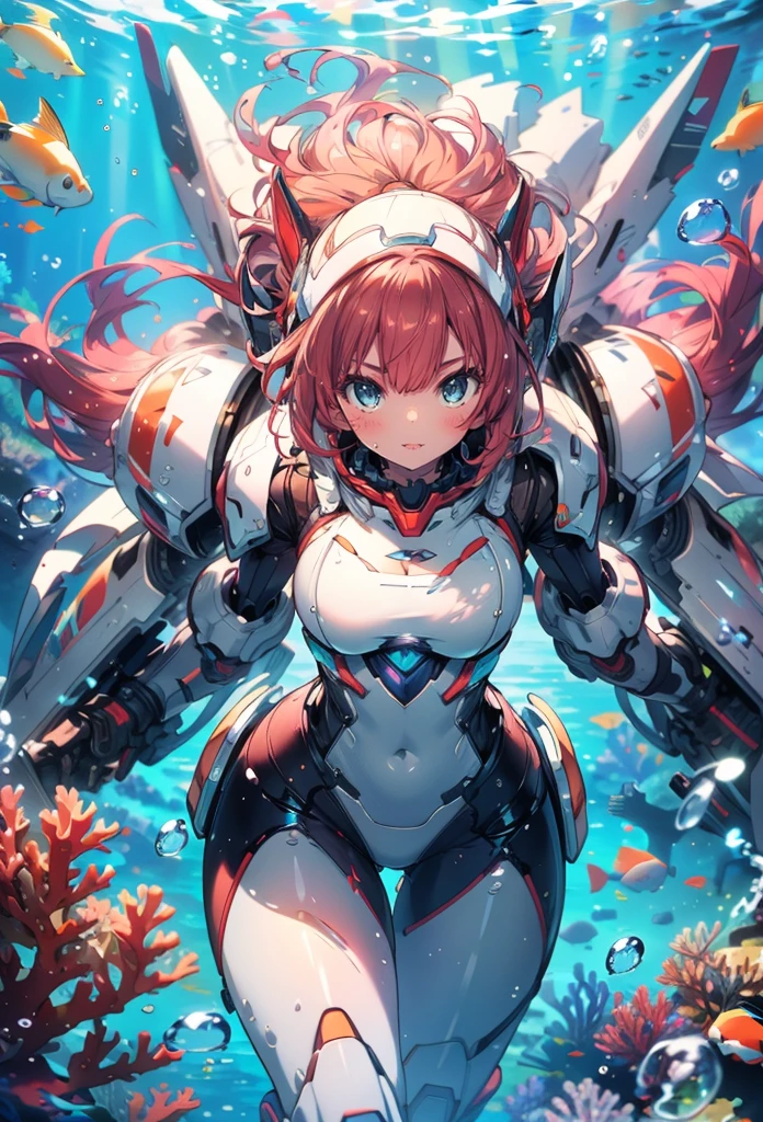 masterpiece, best quality, high resolution, extremely detailed CG, absurdres, highres, 1girl, solo, a girl in mech suit moving fast with rocket boosters under the sea,headgear,Thighs, cleavage, jets, torpedo, arounded by bubbles, coral, ((under water)), Colorful portraits