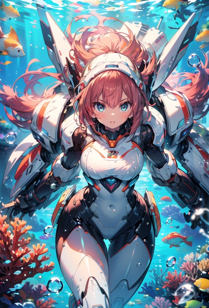 masterpiece, best quality, high resolution, extremely detailed CG, absurdres, highres, 1girl, solo, a girl in mech suit moving fast with rocket boosters under the sea,headgear,Thighs, , jets, torpedo, arounded by bubbles, coral, ((under water)), Colorful portraits