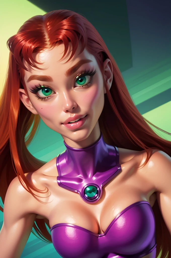 Starfire, teen titans starfire, orange hair, green eyes, beautiful, skinny waist, toned, sexy, seductive, big beautiful eyes, (very detailed face),