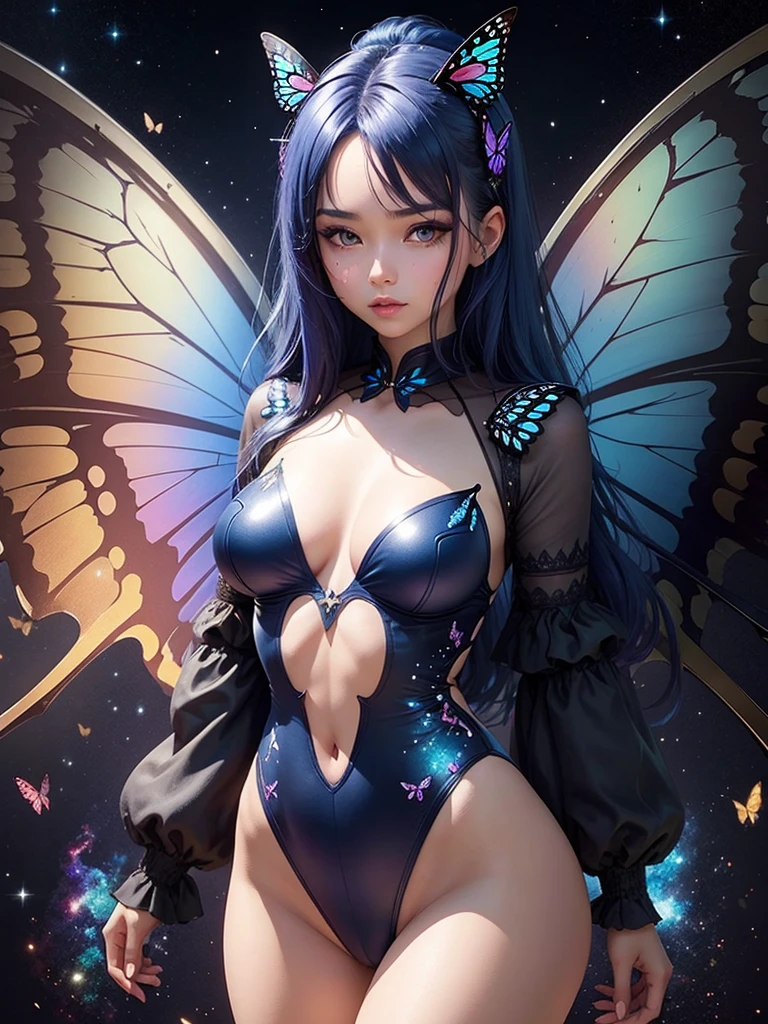 Woman with dark blue hair, butterfly wings, galaxy rainbow, leotard