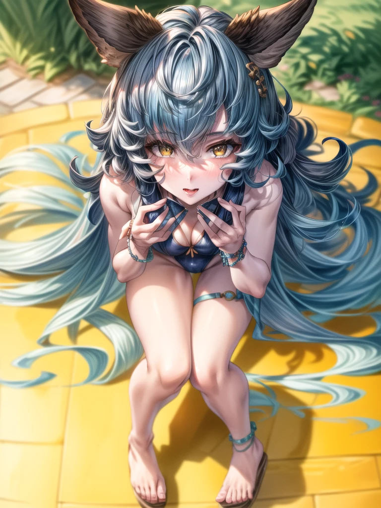 (masterpiece:1.2, best quality:1.1, highres,absurdres, high quality),(photorealistic:1.1),reflected light, colorful,ultra-detailed, ultra hd, super detailed,
ferry_summer, blue hair, yellow eyes, swimsuit, hands on hair, full body, 1girl, solo focus