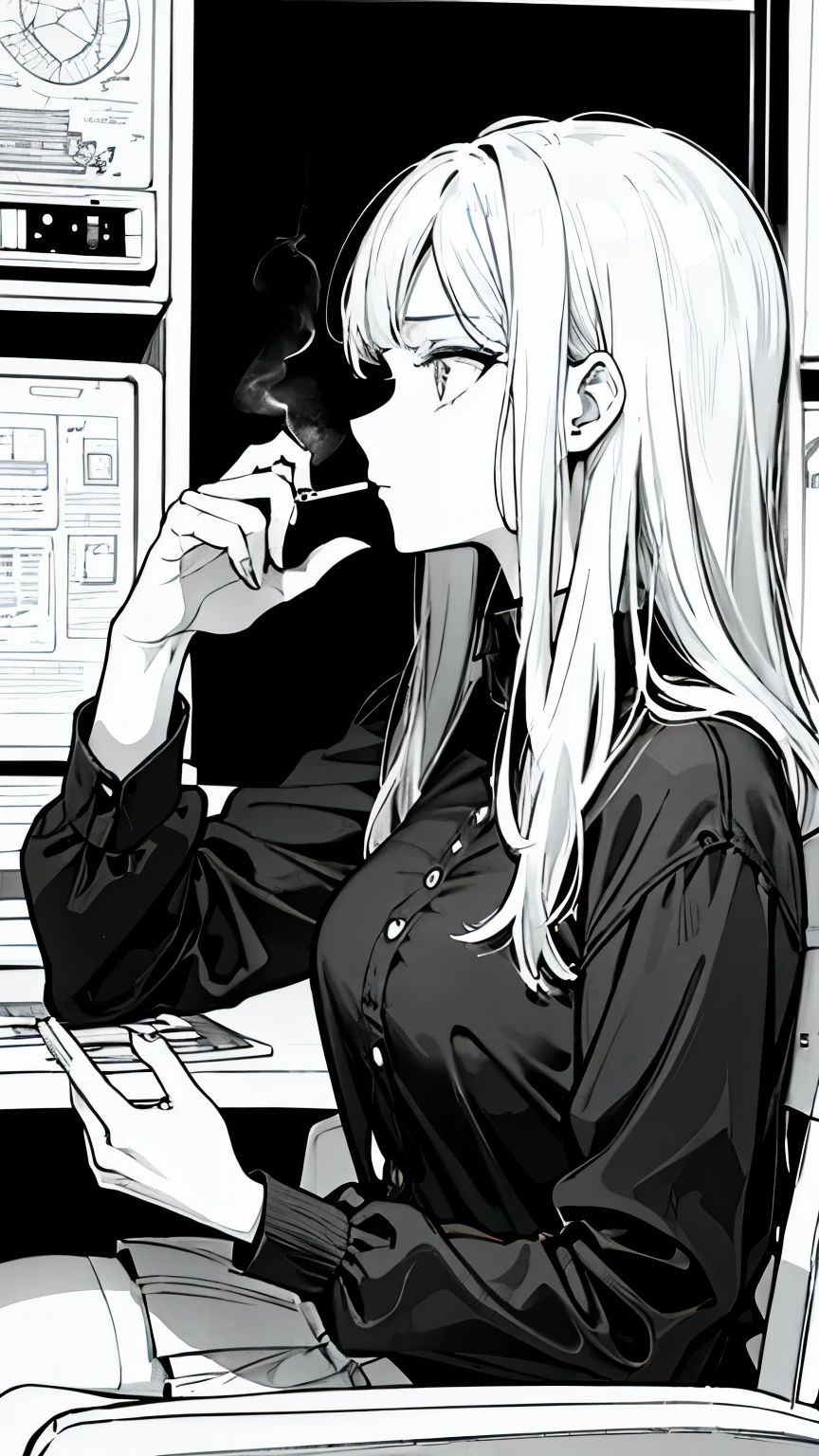 A close-up of the upper body side profile of a 20-year-old woman sitting on a chair in a pachinko parlor, with a gloomy expression, smoking a cigarette with one hand while holding a smartphone in the other hand, in black and white illustration style.Missing fingers, extra fingers, distorted fingers, deformed hands, unnatural hand positioning, incorrect anatomy.