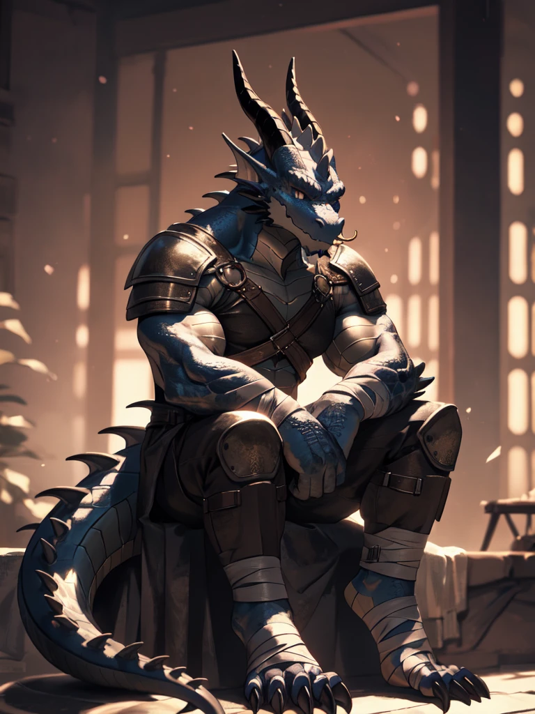 solo, kemono, (dragon), anthro, female, ((black body)), scales, tail, muscles, medium breasts, handsome, leather armor, sitting, nose ring, toe claws, bandaged feet, depth of field,(best quality),(masterpiece),(ultra detailed)