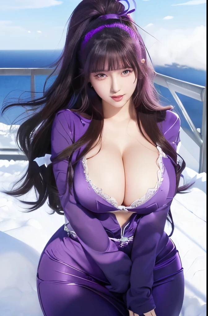  picture of a woman in a purple outfit with a microphone, marin kitagawa fanart, thicc, hinata hyuga, breasts covered and sfw, shalltear from overlord, high quality fanart, oppai, cleavage, misato katsuragi, seductive girl, with a large breasts, with large breasts, sakimichan