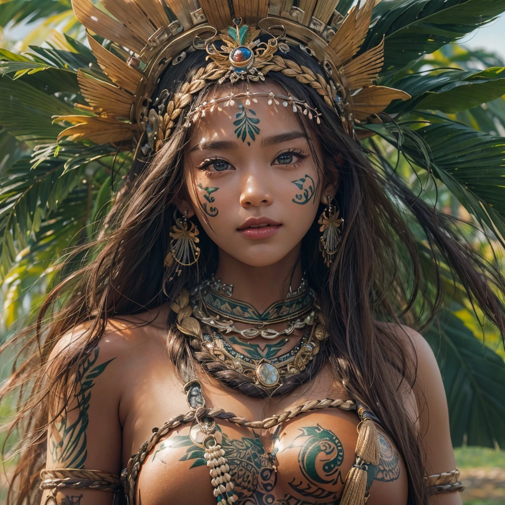 Polynesian Sea、Hair blowing in the wind 、 ((highest quality、masterpiece、8k、Best image quality、Ultra-high resolution、Award-winning works)、(Accurate anatomy:1.1)、(Look at me and smile:1.0)、Shining fair skin with Ultra-high resolution、The most detailed face、Ultra-high resolution detailed face、Ultra-high resolutionの髪の毛、(Ultra-high resolution eye:1.1)、Beautiful face drawn in every detail、Polynesian Costume,Small breasts,  Polynesian Tattoo,  Polynesian canoe、Wearing Polynesian costumes:1.2.