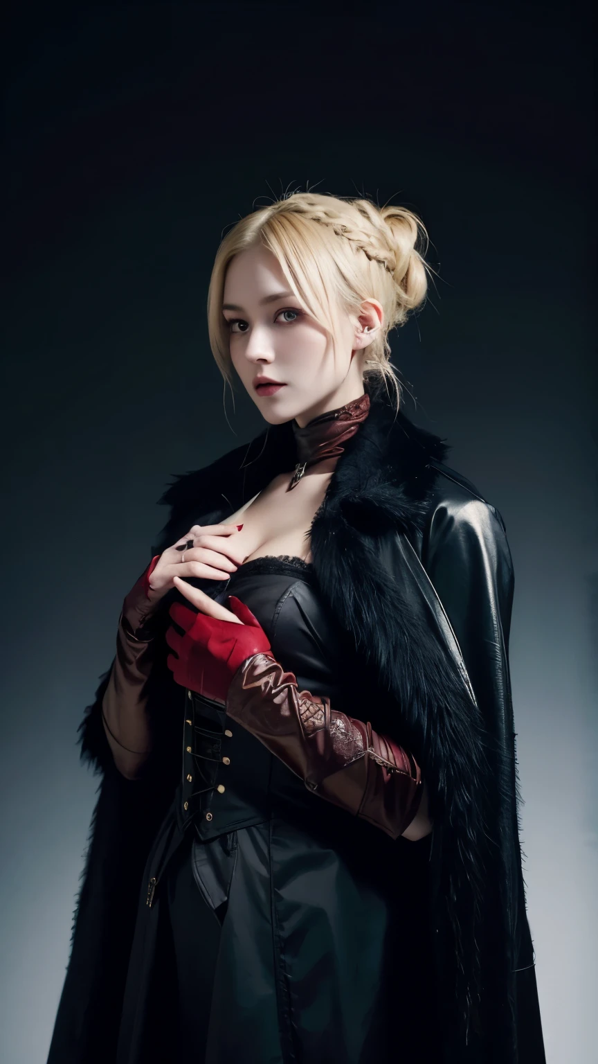 Blonde hair, victorian clothes, bloodborne style, night, dark, horrors, western, midnight, Eldritch, 1female, underground, bandaged gloves, shorthair, crazy, black coat, short hair, ponytail, braids, red eyes, evil, red pupils, stern, one hand on chest, blood, fur coat,