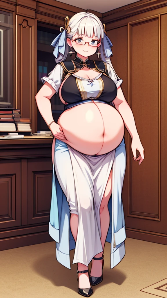 (Full body, glasses, detailed), An image of a pregnant girl with her belly on full display. She is a very voluptuous lady, she has a smug face