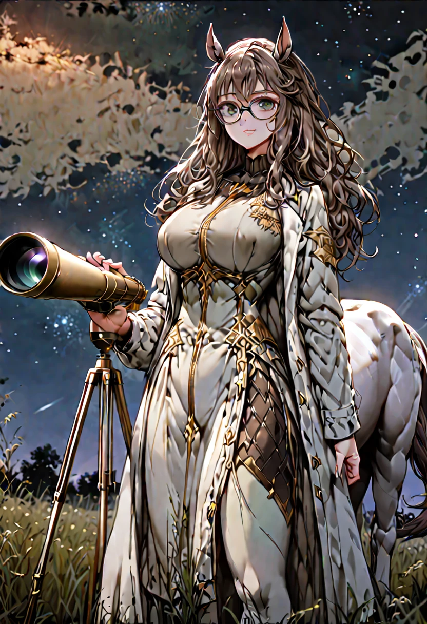 solo, female, sfw, medium shot, long wavy hair, brown hair, dark green eyes, centaur girl, huge woman, ((centaur)), brown horse ears, huge breasts, scholar, modest clothes, night sky, horse body, horse lower body, calm smile, brass telescope on tripod, starry sky, grassy field, night, coat, glasses