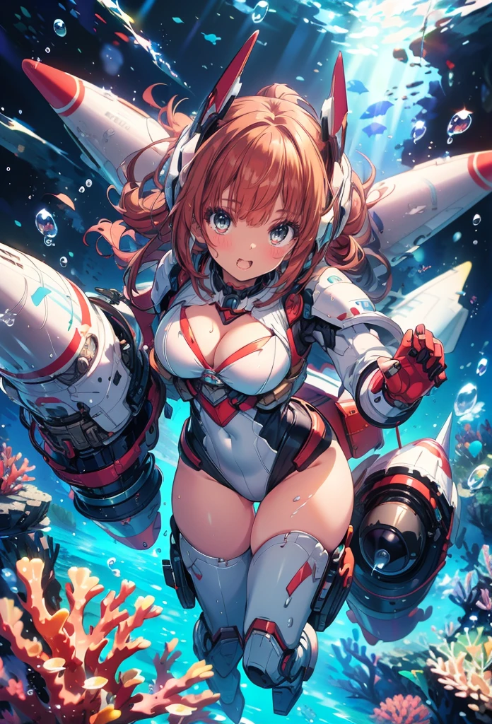 masterpiece, best quality, high resolution, extremely detailed CG, absurdres, highres, 1girl, solo, a girl in mech suit moving fast with rocket boosters under the sea,headgear,Thighs, cleavage, jets, torpedo, arounded by bubbles, coral, ((under water)), Colorful portraits