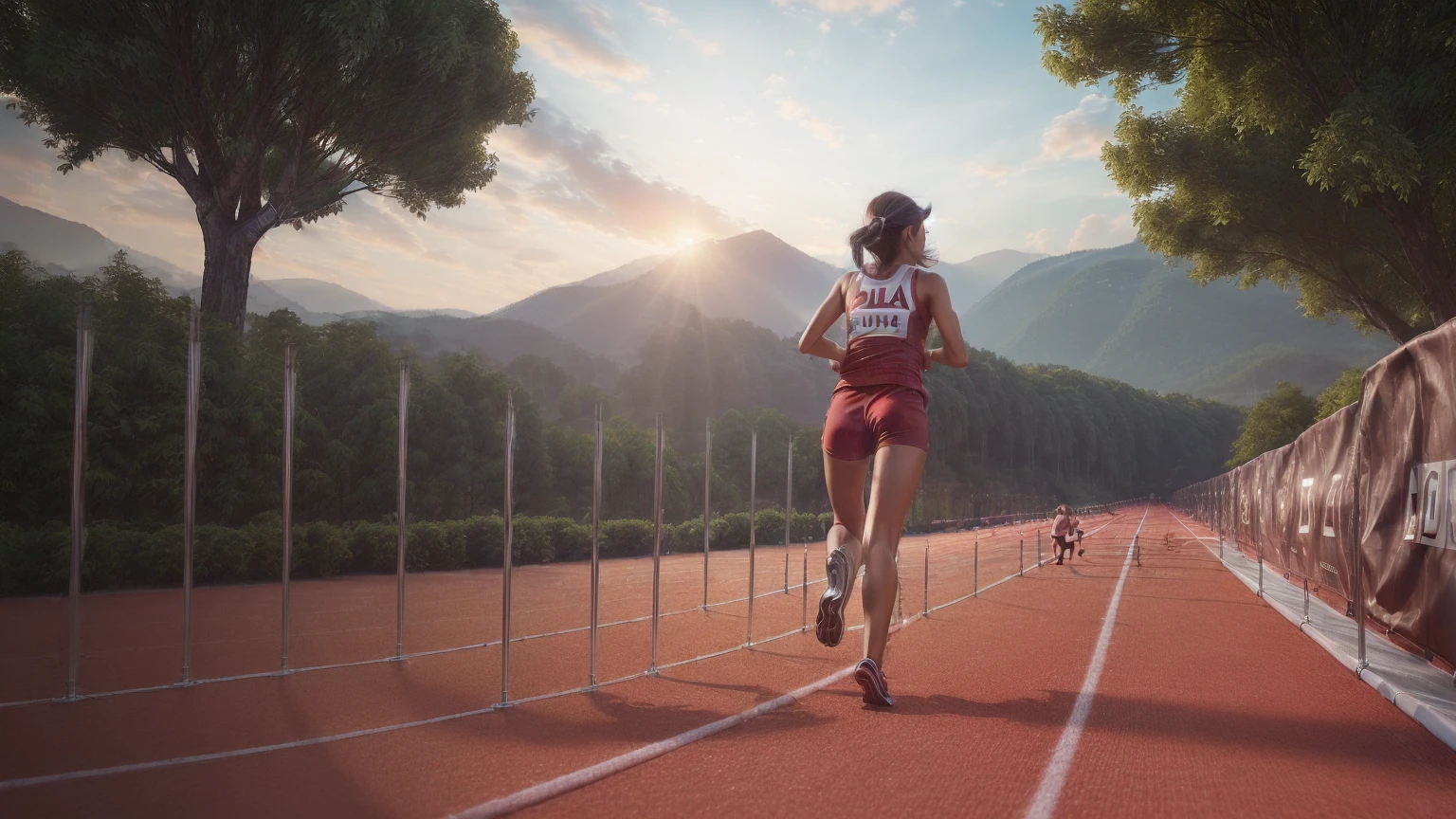 (((a runner girl sprinting towards the finish line:1.9))), focused expression, 8k, masterpiece, RAW photo, best quality, photorealistic, extremely detailed CG unity 8k wallpaper, Depth of field, Cinematic Light, Lens Flare, Ray tracing, (extremely beautiful face, beautiful lips, beautiful eyes), intricate detail face, ((ultra detailed skin)), ((1girl:1.9)), ((alone:1.9)), ((19years old)), (beautiful and aesthetic:1.2), deep shadow, (sharp focus), [(((Raiana-Elizabeth-Dilla:1.9)))], pretty girl, (very slim slender fit-muscled body:1.9), (((sport-style fashion:1.9))), (((stylish ((red:1.5)) clothes),business-coat)), (((sports background:1.9))), (shiny skin), clear eyes, (pale skin), ((portrait-view:1.9)), ((upper-body:1.9, cinematic shot)), soft lighting, (flowing dark-black hair), (looking at viewer:1.8), highly detailed, ultra realistic, extremely detailed and realistic ((red:1.5)) clothes.