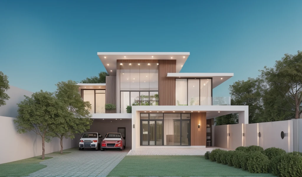 Realistic images, extremely detailed, a modern house, 1 road in font of house, large yard made by ceramic, (1 car), brick fence, lawn, a few small flowers, a road in front of the house, main materials of the house are white walls and red brick, Modern design, clear blue sky, sunrise light, light from inside, dynamic light,shimering light, cinematic light, romantic feeling, (((day light, warm light)))