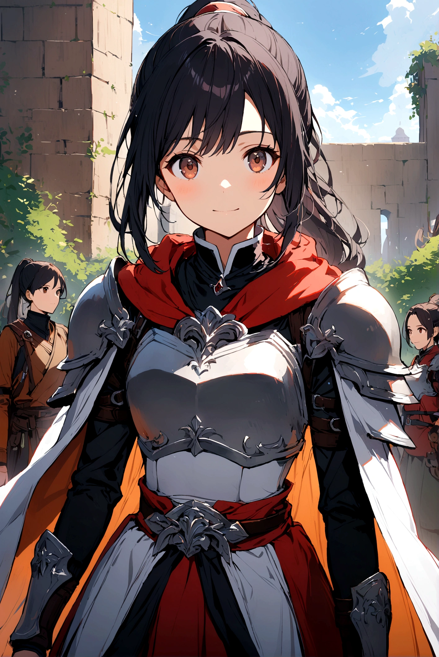 1 Girl, Solitary, Long hair, Looking at the audience, Black Hair, Brown eyes,Ponytail, shoulder armor, Breastplate, Practical,