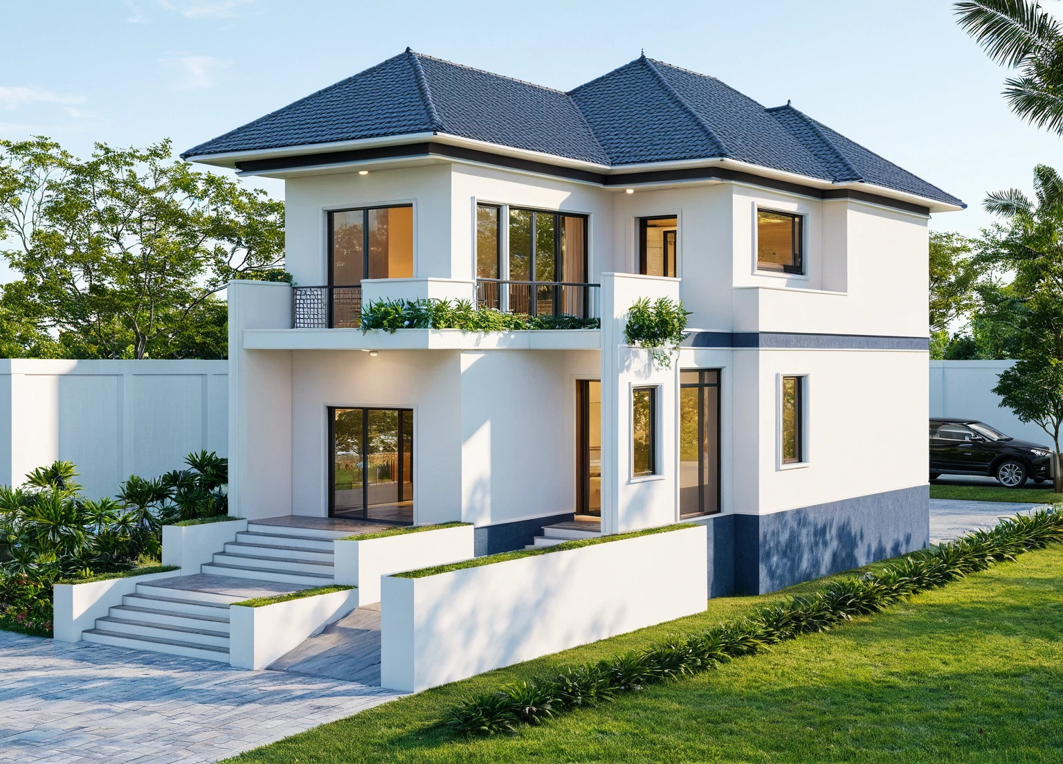 Photo brute,head of'artwork, High quality, best quality, authentique, great detail,
Outside, En plein air, house, Nhamainhat, aiaigroup sur le jardin tropical, Ligne minimaliste,honreyvilla, style moderne, gray tile roof brick yard,grass,tropical trees, sky, (jour:1.1),Arrière-plan du jardin tropical