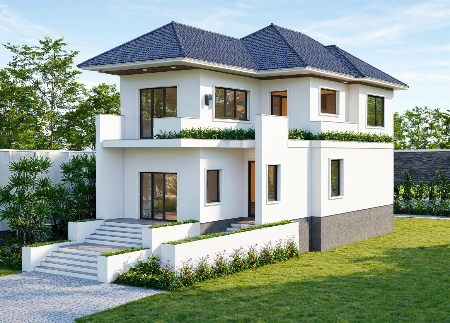 Photo brute,head of&#39;artwork, High quality, best quality, authentique, great detail,
Outside, En plein air, house, Nhamainhat, aiaigroup sur le jardin tropical, Ligne minimaliste,honreyvilla, style moderne, gray tile roof brick yard,grass,tropical trees, sky, (jour:1.1),Arrière-plan du jardin tropical
