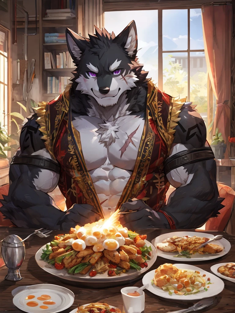 embedding:black wolf, male,purple eyes,Scar on the face, scar on the body,Single person,Tattoos,Inside the apartment,With a plate of fried eggs.Elder brother.Take the fork and feed the camera.Forking the food,,The highest quality of scene detail,adult,Tall and powerful,muscle，Best quality hands, best quality eye，detailed fur，Delicate eyes.Extreme picture quality，by sollyz,by zixiong,by milkytiger1145