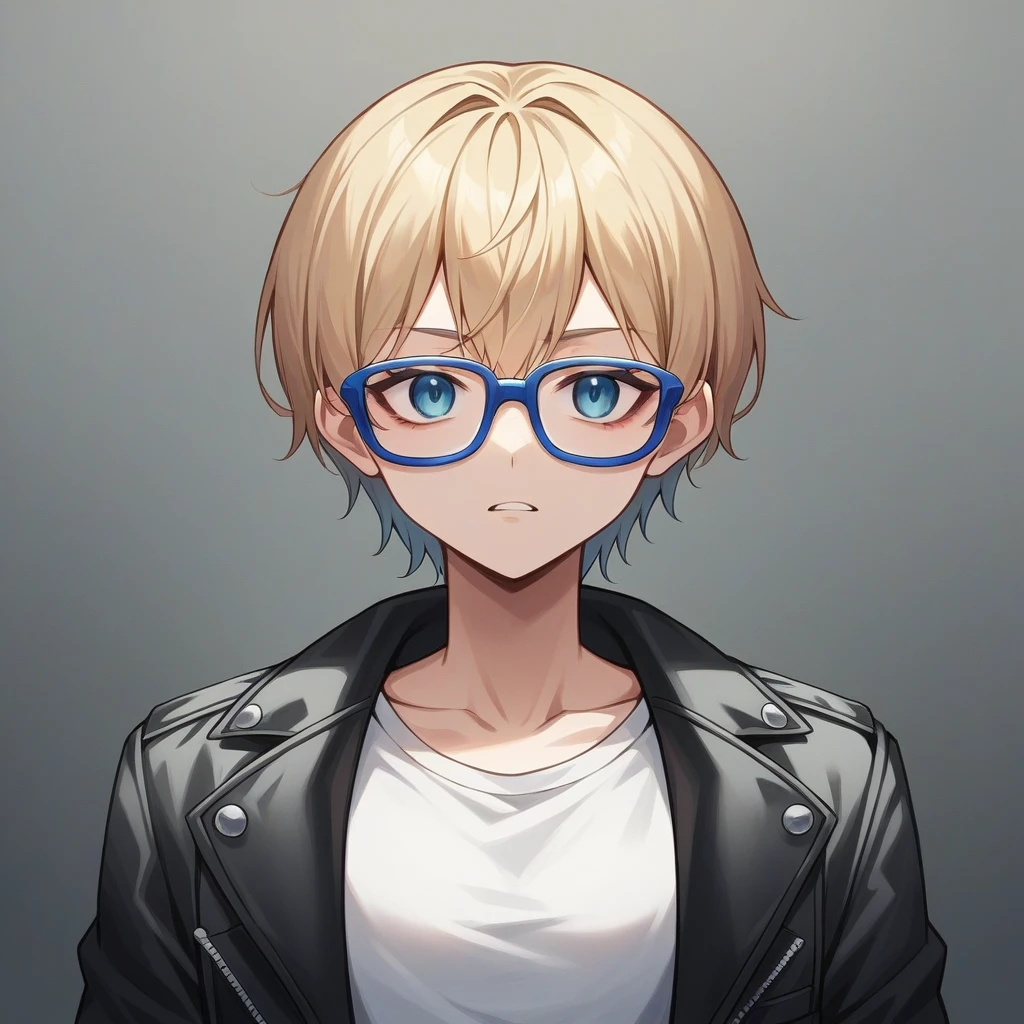 Create an AI image of a CD cover in the style of heavy metal bands with Metallica influences. Features a young woman wearing a black leather jacket with a shirt with blue details and vintage glasses in the center. The background is a black wall.The image has Heavy Metal influences.
