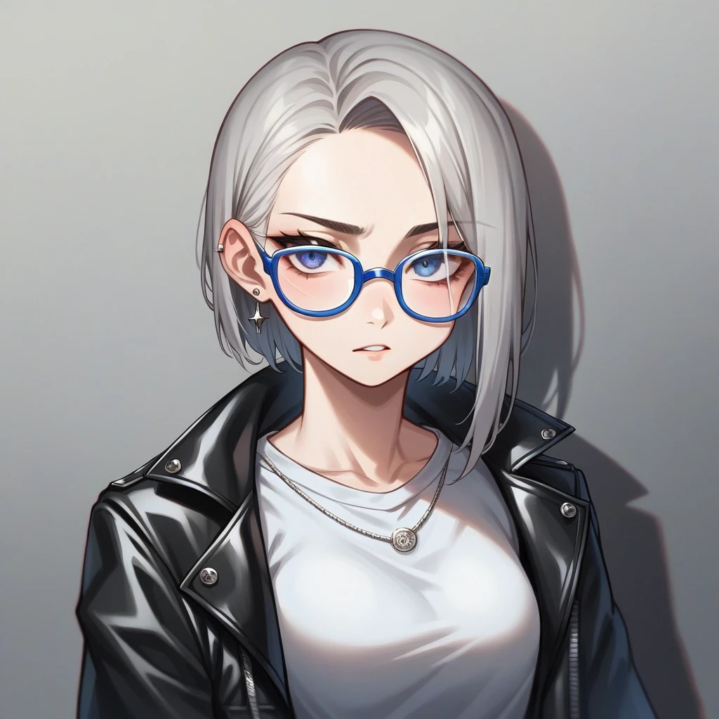 Create an AI image of a CD cover in the style of heavy metal bands with Metallica influences. Features a young woman wearing a black leather jacket with a shirt with blue details and vintage glasses in the center. The background is a black wall.The image has Heavy Metal influences.