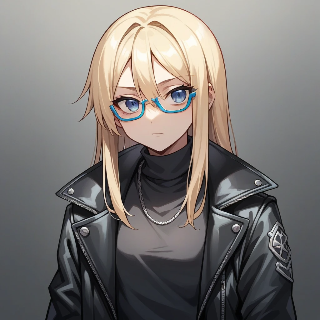 Create an AI image of a CD cover in the style of heavy metal bands with Metallica influences. Features a young woman wearing a black leather jacket with a shirt with blue details and vintage glasses in the center. The background is a black wall.The image has Heavy Metal influences.