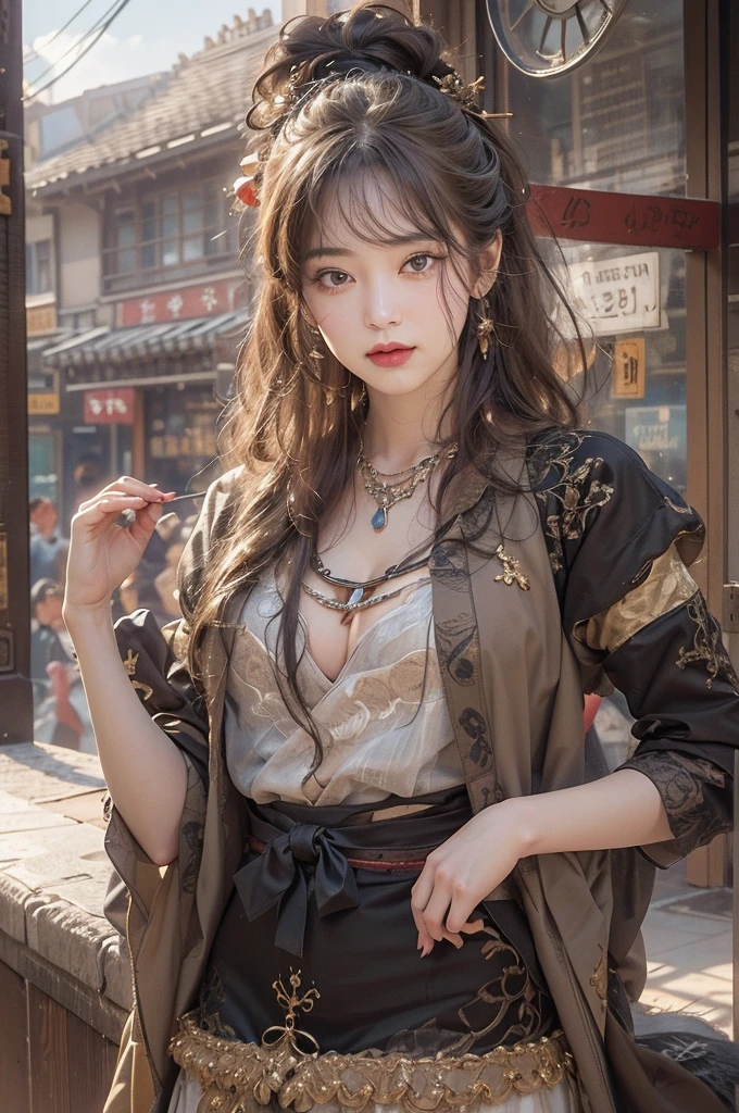 (masterpiece:1.3), (8K, Realistic, RAW Photos, Best image quality: 1.4), Japanese 、18-year-old,(Random Hairstyles:1.2)、Cleavage:1.2、Highly detailed face、Attention to detail、double eyelid、Chest to chest、Sharp focus:1.2、Beautiful woman:1.4、Light brown hair、Highest quality、masterpiece、Ultra-high resolution、(Realistic:1.4)、Highly detailed and professionally lit smiles、Loose fitting steampunk outfit、Shoulder out、thin、Serious expression、drinking beer at bar