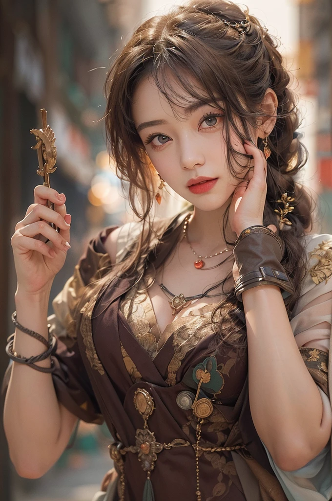 (masterpiece:1.3), (8K, Realistic, RAW Photos, Best image quality: 1.4), Japanese 、18-year-old,(Random Hairstyles:1.2)、Cleavage:1.2、Highly detailed face、Attention to detail、double eyelid、Chest to chest、Sharp focus:1.2、Beautiful woman:1.4、Light brown hair、Highest quality、masterpiece、Ultra-high resolution、(Realistic:1.4)、Highly detailed and professionally lit smiles、Loose fitting steampunk outfit、Shoulder out、thin、Serious expression、Holding a gorgeous necklace in her right hand, In the city、Eat dinner
