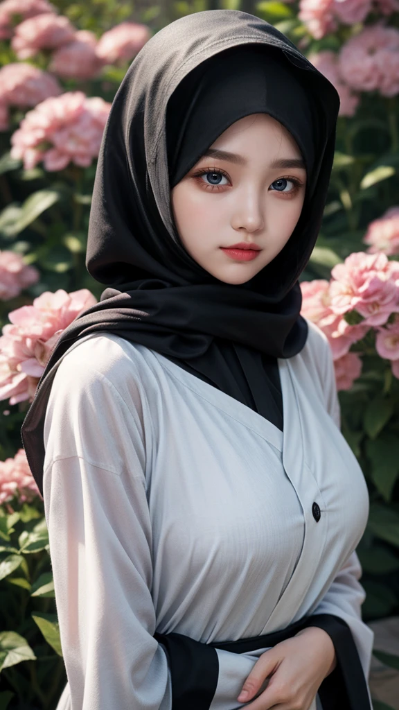 Closse-up, detailed eyes, detailed face texture, realistic photos of Hijab Korean female, slightly smile,expressive eyes,eye makeup,flower garden background,standing posture,confident attitude,Eye-Level Shot, slightly blurry background,UHD,masterpiece:1.2,highres,16k), abaya kimono big breast