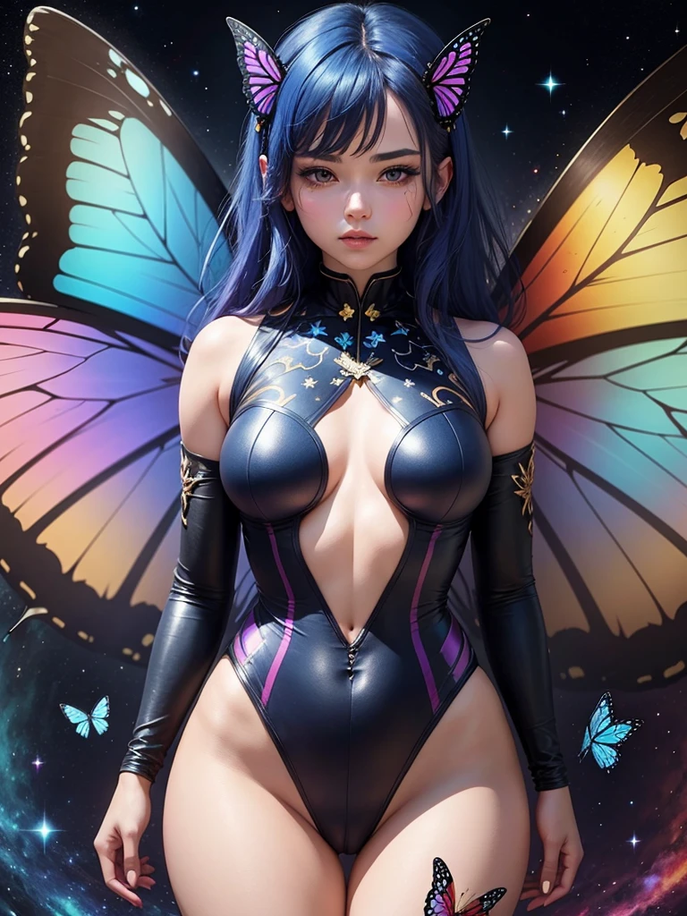 Woman with dark blue hair, butterfly wings, galaxy rainbow, leotard
