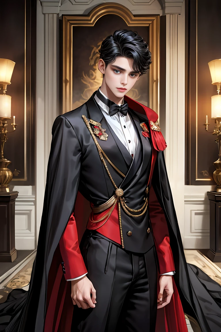 masterpiece, 最high quality, high quality, 1 boy, alone, Male focus, Watching the audience, Messy black hair, Adorable big blue eyes, White people, Noble, Noble,Sexy voluminous black and red cape、Tuxedo、A very voluminous, large, very large, very large, long, long red and black cape with a high stand-up collar, reaching down to the floor, made of a lot of fabric., ,Cute beautiful boys,Cute, cute, kind, handsome guy