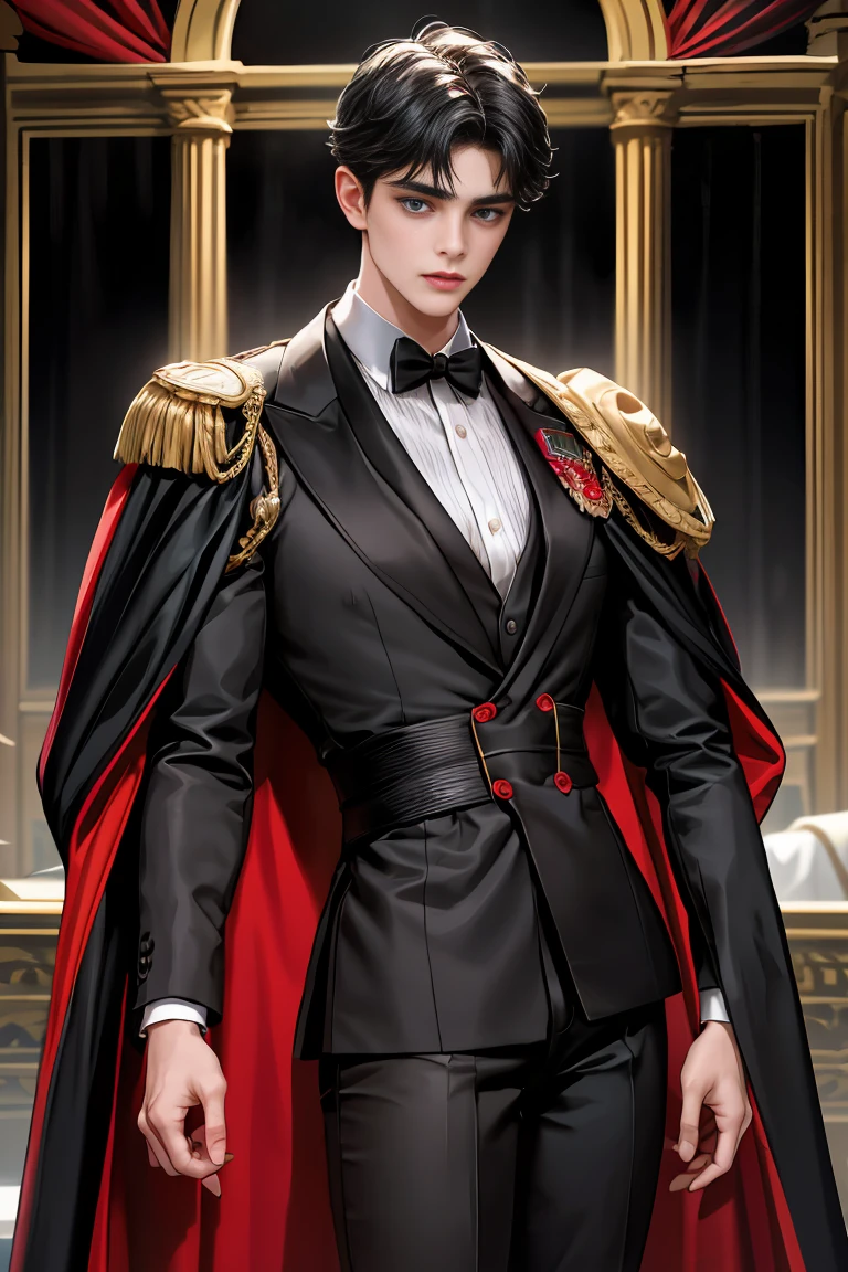 masterpiece, 最high quality, high quality, 1 boy, alone, Male focus, Watching the audience, Messy black hair, Adorable big blue eyes, White people, Noble, Noble,Sexy voluminous black and red cape、Tuxedo、A very voluminous, large, very large, very large, long, long red and black cape with a high stand-up collar, reaching down to the floor, made of a lot of fabric., ,Cute beautiful boys,Cute, cute, kind, handsome guy