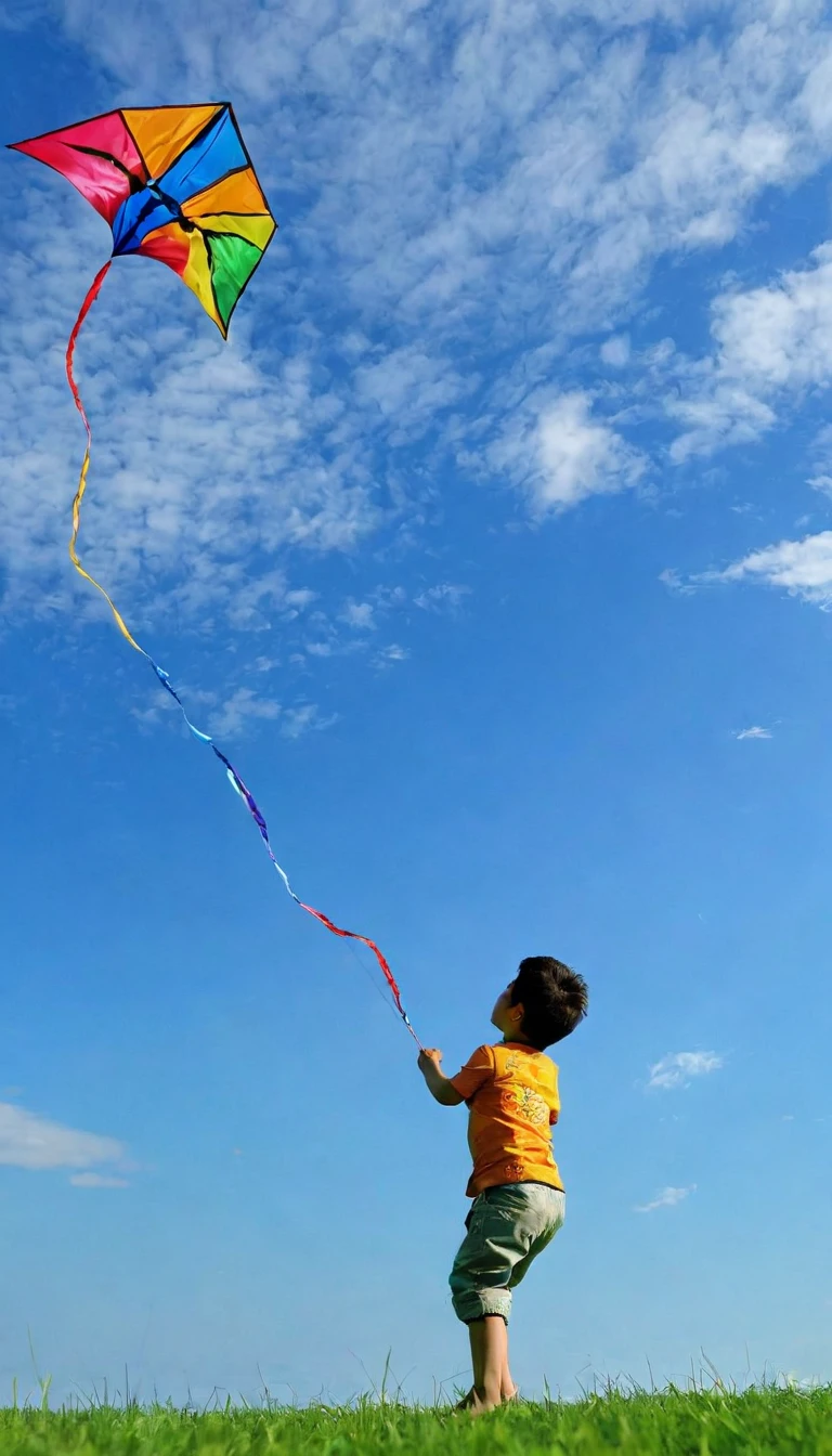 a boy，fly a kite，lawn，Blue sky，fighter