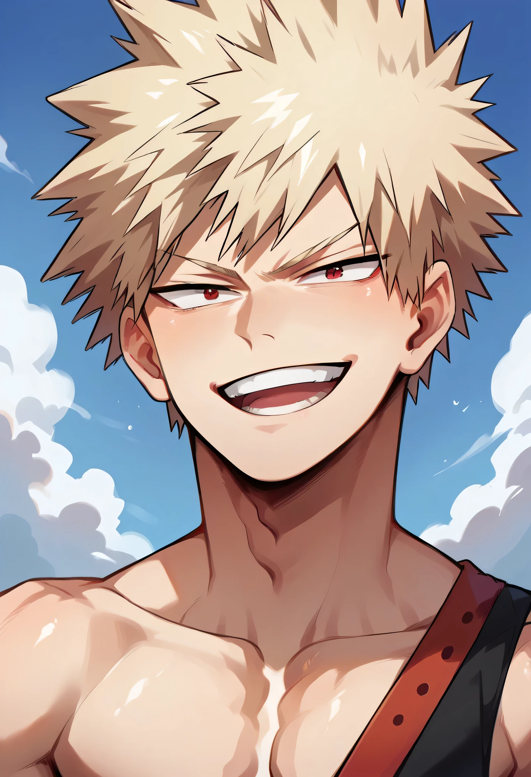 score_9, score_8_up, score_7_up, source_anime, anime, anime coloring, looking at viewer, 1boy, solo, male focus, abs, toned male,  bust shot, seductive smile, open mouth, bakugo, blonde hair, red eyes