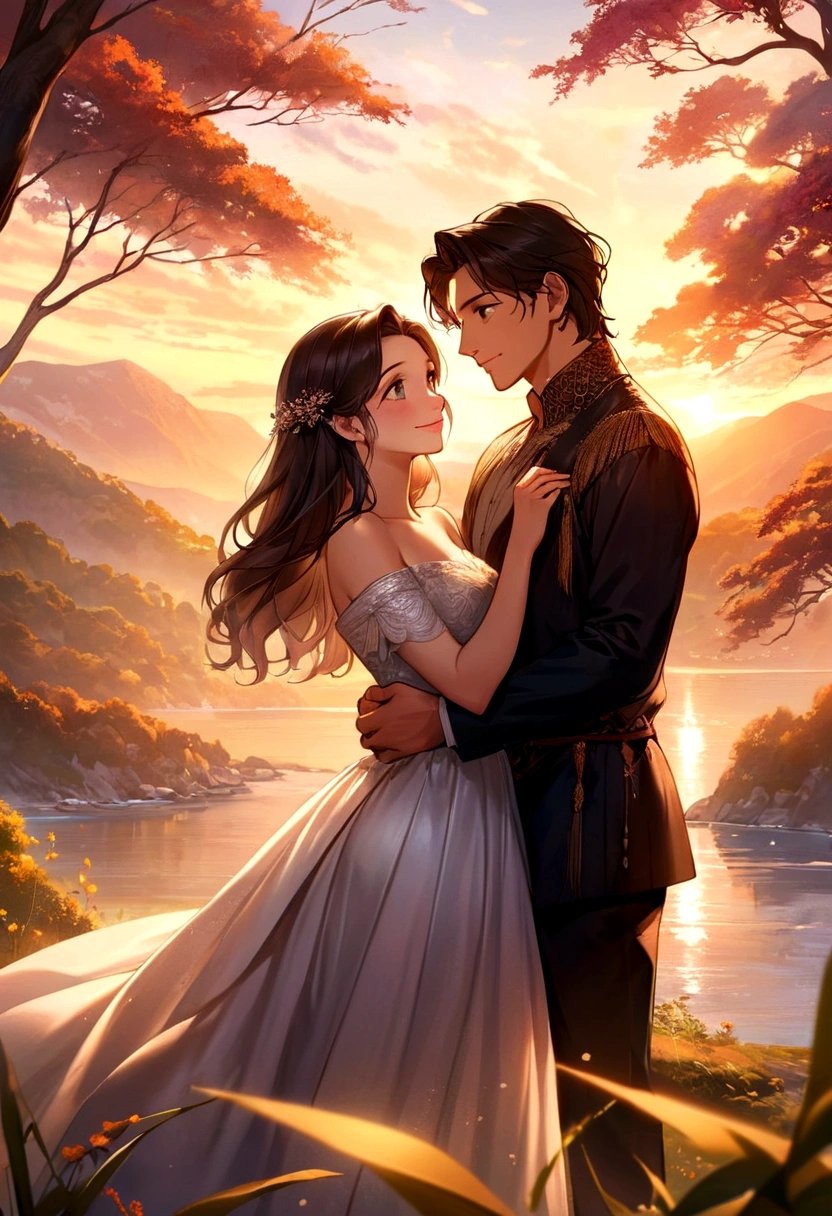 A couple in a romantic mood, standing close together in a picturesque setting. They are gazing into each other’s eyes with smiles that speak of deep affection. The man gently holds the woman’s hand, while she leans slightly into him, creating an intimate and tender atmosphere. The background features a beautiful sunset, casting a warm, golden glow over the scene. The environment around them is serene, with soft, natural light highlighting their faces and creating a magical, romantic ambiance.