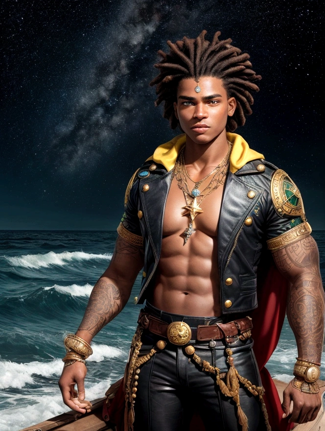 black hair
(Star Captain)General Appearance
(Captain Star) is a 20-year-old young man, with dark skin and a muscular, athletic physique, the result of years of hard work at sea. His presence is imposing and confident, reflecting his determination and courage. Hair He sports afro hair styled with braids and dreadlocks, with a modern side cut that adds a touch of contemporary to his maritime look. Her braids are decorated with small marine amulets and some gold beads, symbolizing her connection with the ocean. Eyes and Distinctive Mark Estrela's eyes are a cosmic blue, deep and penetrating, which seem to reflect the vastness of the oceans she loves so much. A golden star is delicately tattooed on his forehead, a symbol he inherited from his family and which represents his special connection with the sea and the stars. Clothing He wears clothes that match the colors of the Cape Verde flag: green, red, yellow and white. A dark brown leather jacket with gold trim, green and yellow fabric patches, and a red scarf around his neck. He wears sturdy dark pants and sturdy leather boots, ideal for sailing in any conditions.Accessories A gold necklace with a compass-shaped pendant, symbolizing his orientation towards the sea and his love of exploration. He also wears leather bracelets with carvings that tell stories of his past adventures. Expression and Posture Estrela carries a determined and gentle expression at the same time, with a confident smile that shows her willingness to face any challenge the sea presents to her. His posture is firm and relaxed at the same time, revealing a natural leader and a loyal companion to his crew.Conclusion
Captain Estrela personifies courage, determination and a deep connection with the sea and the mysteries it hides. His unique and striking look reflects his personality and his destiny as an explorer of the oceans, ready to explore new horizons and discover lost treasures.
