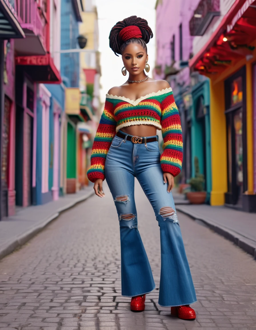 a beautiful woman with black African skin, full body, firm abdomen, large breasts, well-defined doll-like face, well-designed light violet eyes, rasta hair in a bun, wearing a crochet fan knit sweater, low-cut neck, retro bell-bottom jeans Gucci boots, red crocodile skin, full hd, 8k background, a neon city