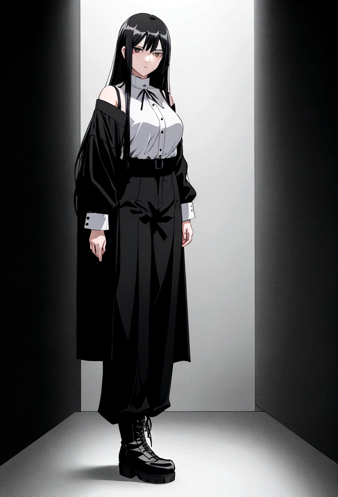 30-year-old anime woman, long black hair, serious, black eyes, wears old-fashioned clothing, black baggy pants, black boots, white blouse with long sleeves and exposed shoulders, powers of darkness, dark background.