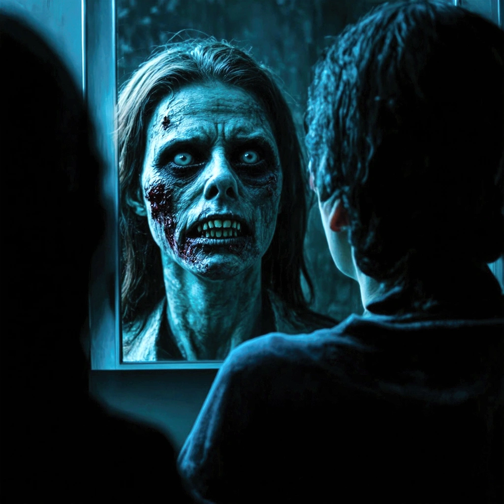 A person looking at themselves in a mirror, mirrored reflection slowly turning into a zombie, detailed face with sunken eyes, decaying skin, sharp teeth, ominous atmosphere, dramatic lighting, cinematic composition, horror, dark fantasy, moody colors, dramatic shadows