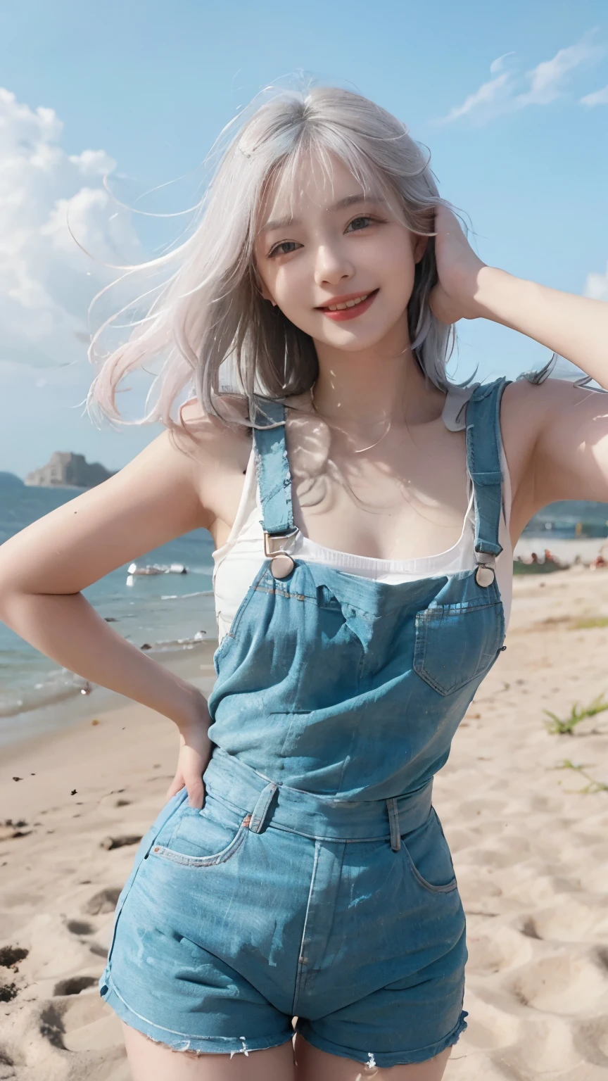 Best image quality、RAW Photos、Ultra-high resolution、21 years old Korean、Small breasts、Dynamic Angle、Cowboy Shot、The most beautiful chaos、elegant、Brutalist Design、Vibrant colors、Beautiful white hair、Short Bob、smile、fun、smile、Glowing White Skin、Beautiful eyes with random colors、Very thin lips、Beautiful eyes in every detail、 Narrow eyes、Cheeks are pale pink、Eyelash length、Beautiful double eyelids、eye shadow、Bright white hair、Overalls、Sandy Beach、Shooting from below、Low Angle。Hands on hips、The wind is blowing、Hair fluttering